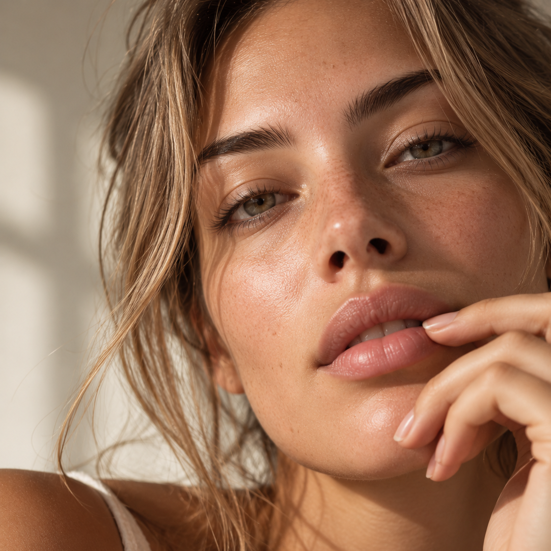 A close-up portrait of a woman with natural skin texture and freckles, wearing a white ribbed tank top, captured in warm natural sunlight.
