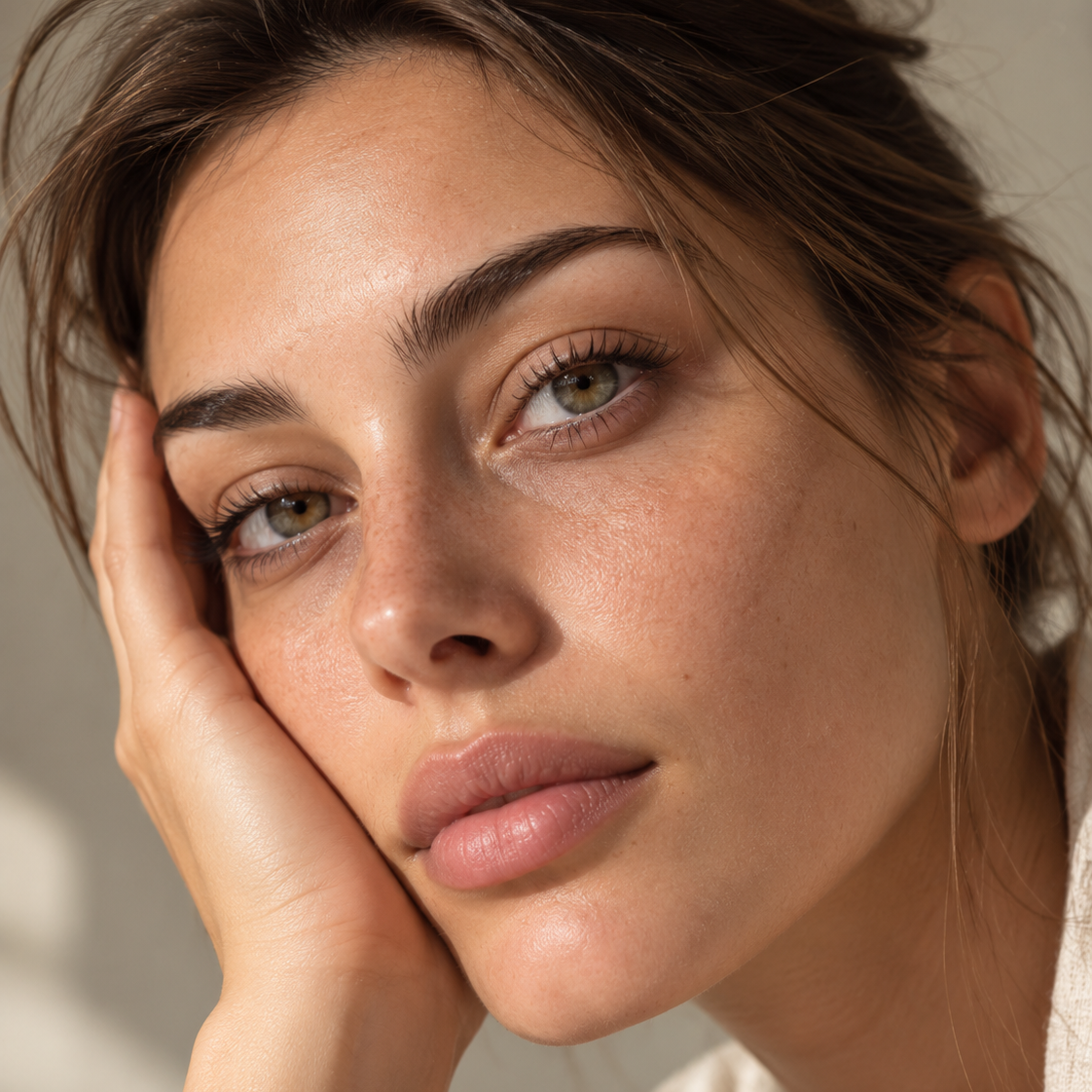 A close-up portrait of a woman resting her head on her hand, wearing a soft cream-colored robe against a warm neutral background.