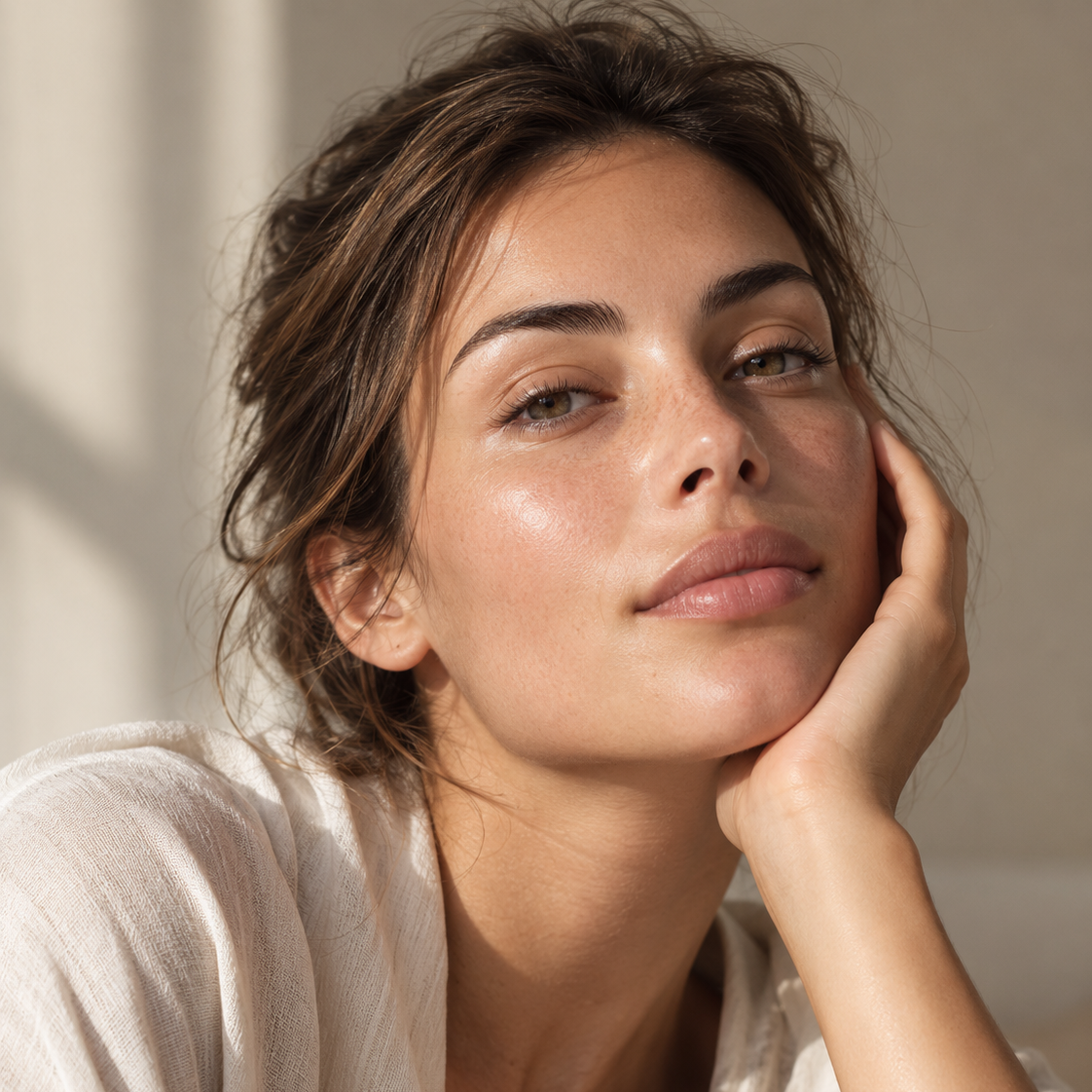 A close-up portrait of a woman with warm, sunlit skin resting her head on her hand, wearing a soft white textured top against a neutral beige background.